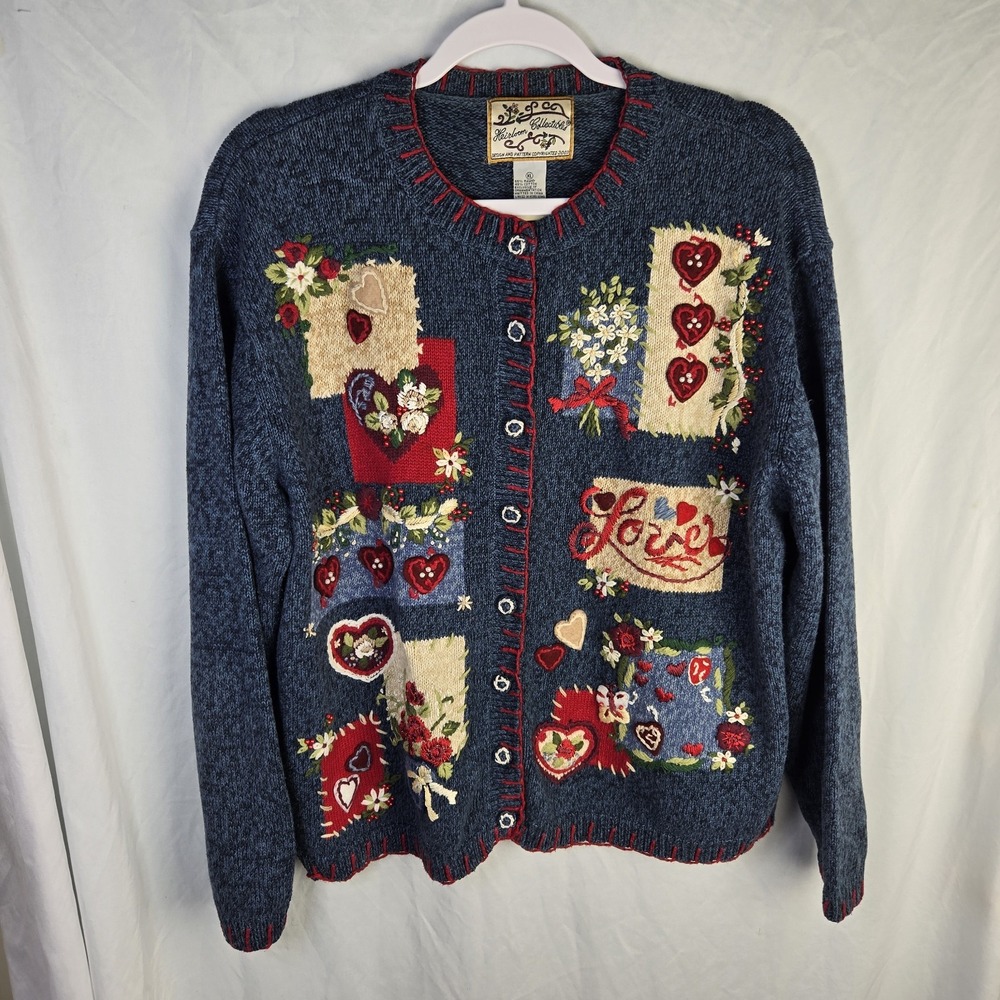 Vtg 03 Heirloom Collectibles Cardigan Sweater Womens XL Embroidered Love Blue